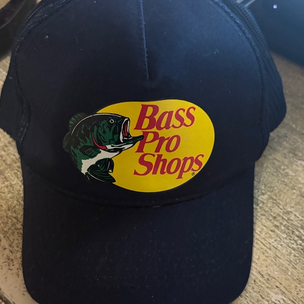Bass Pro Shops Black Cap with Yellow Oval Logo and Green Bass
